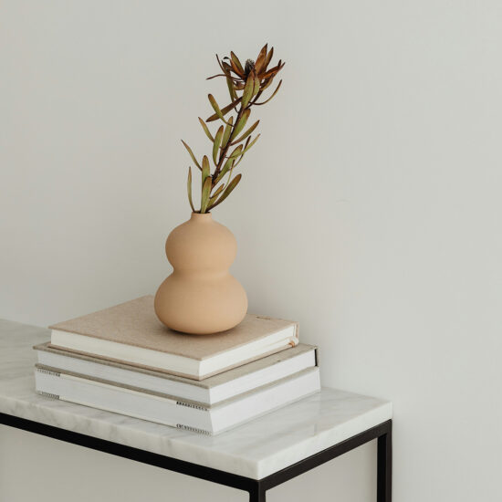 Pile of books on a console table with a plant